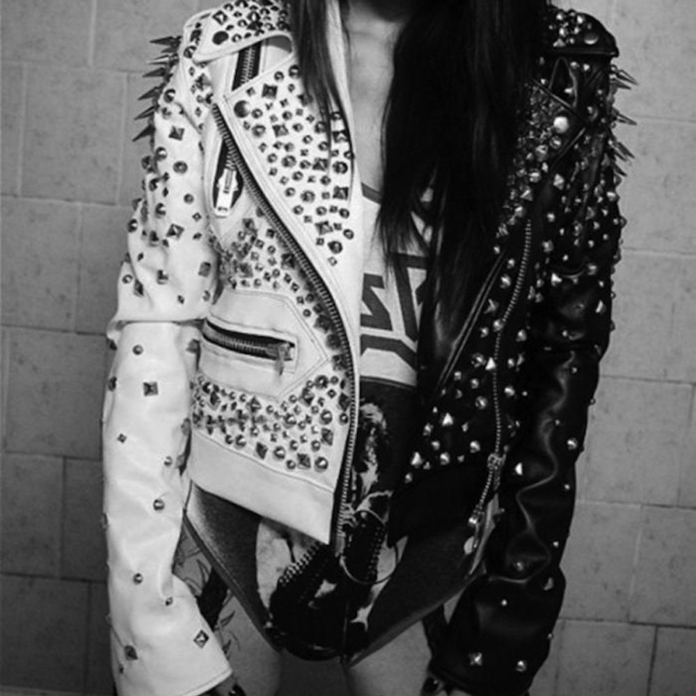 Black and white spiked leather jacket